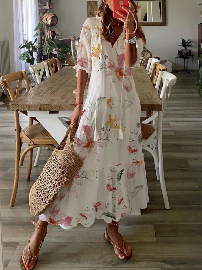 Half Sleeve Floral Print Summer Fall V Neck Casual Dress