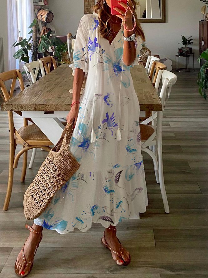 Half Sleeve Floral Print Summer Fall V Neck Casual Dress