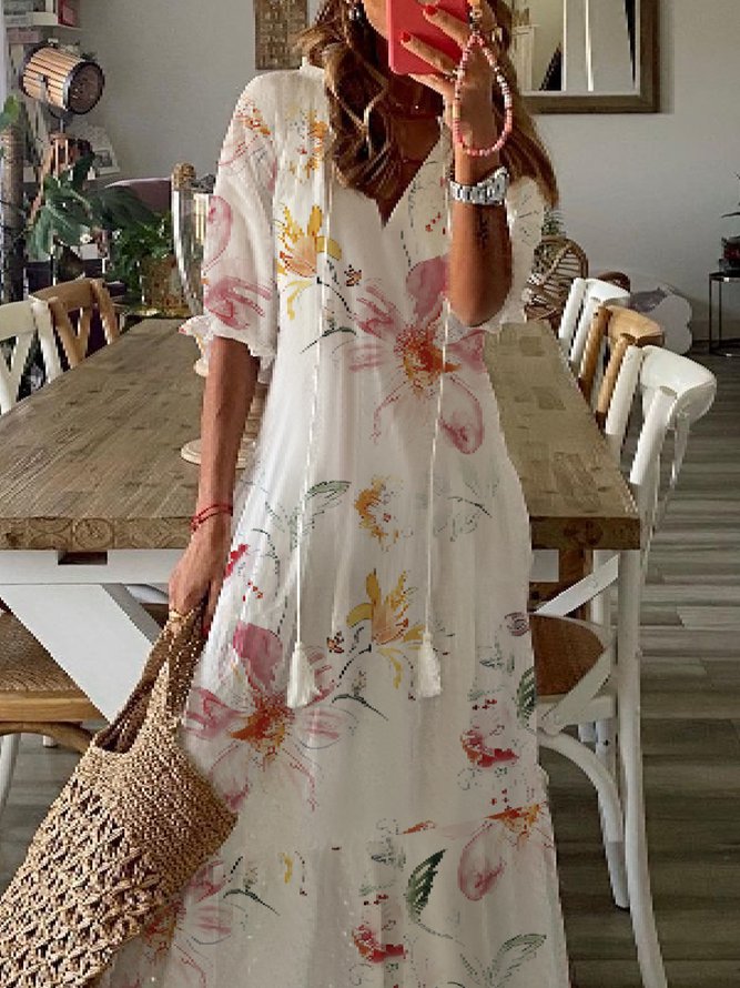 Half Sleeve Floral Print Summer Fall V Neck Casual Dress