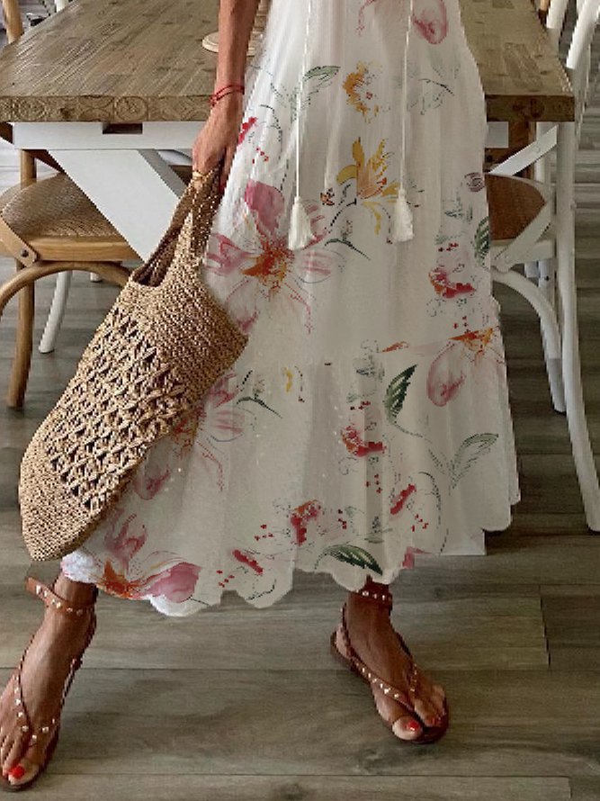 Half Sleeve Floral Print Summer Fall V Neck Casual Dress