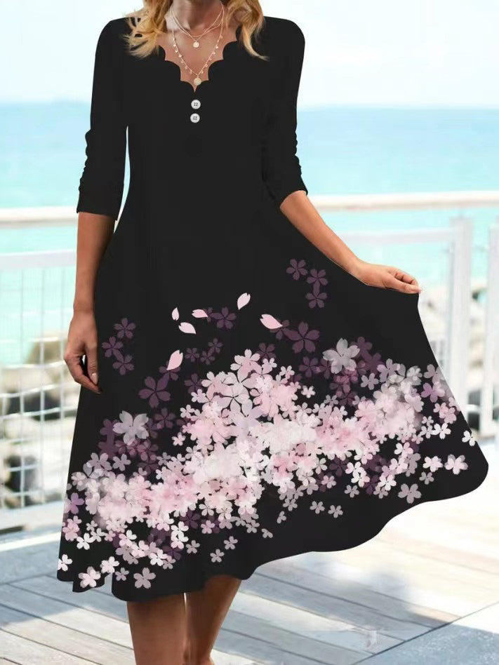 V-neck printed button mid-length sleeve dress