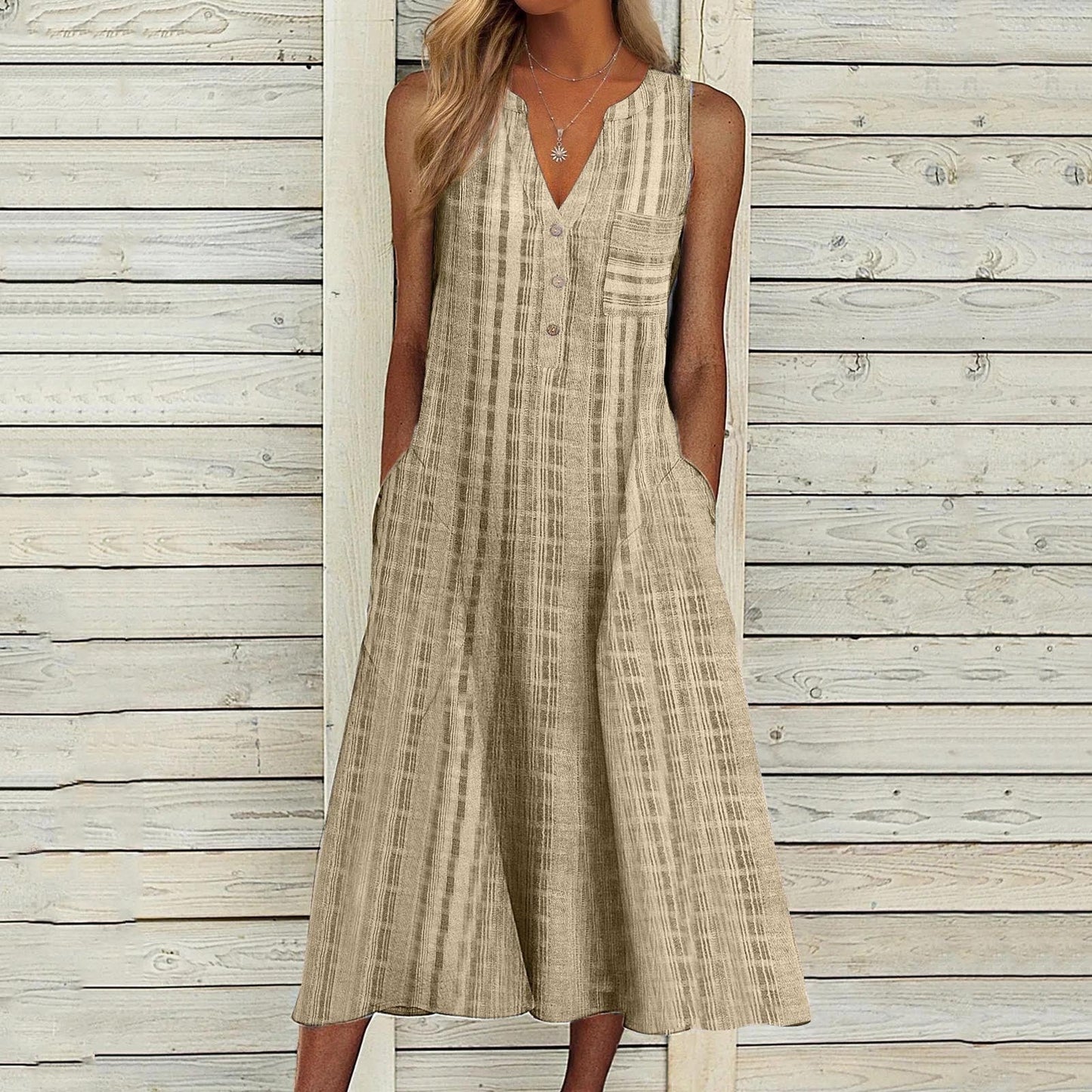 New Pocket V-Neck Sleeveless Stripe Dress