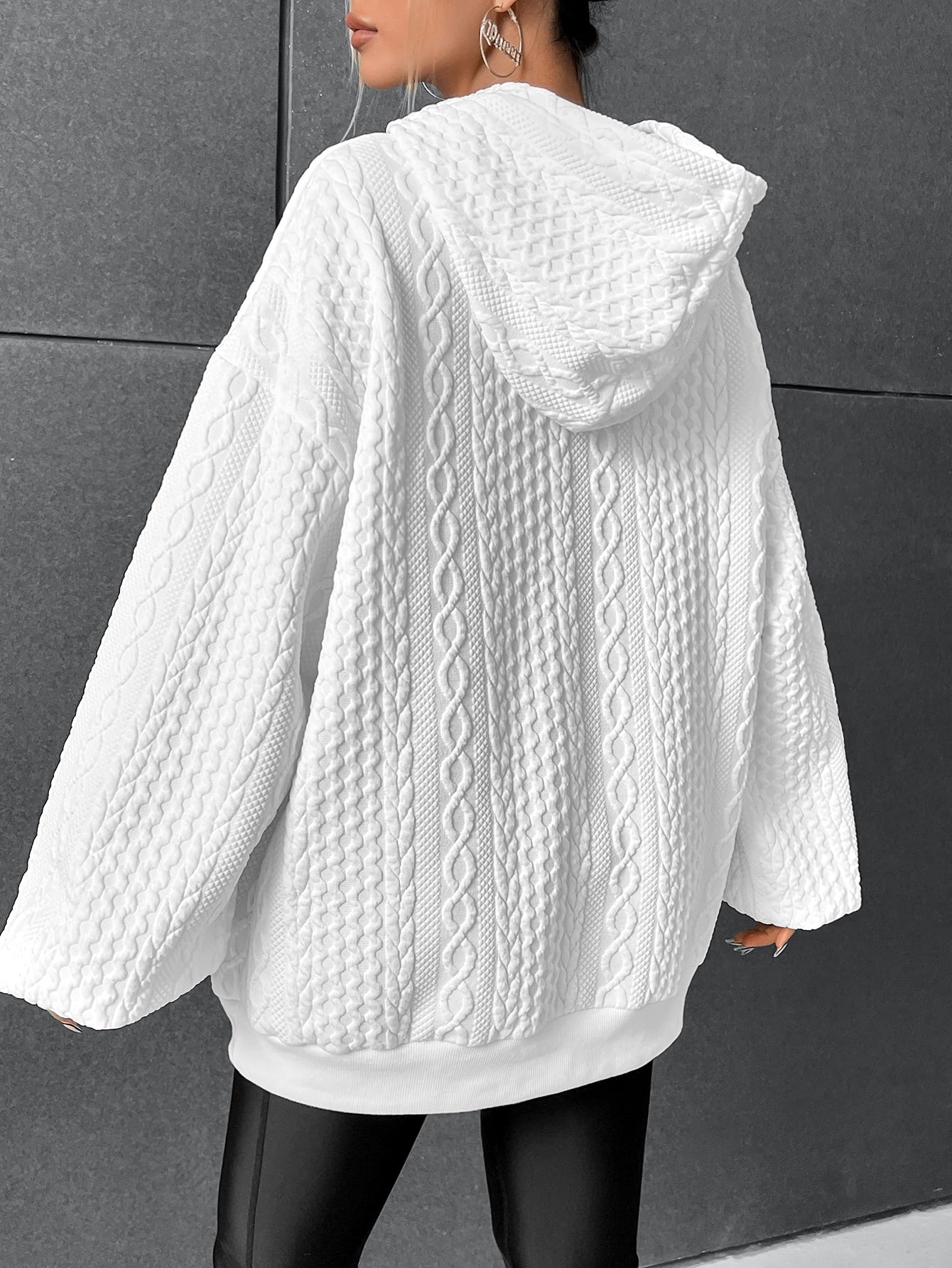Drop Shoulder Kangaroo Pocket Textured Drawstring Hoodie