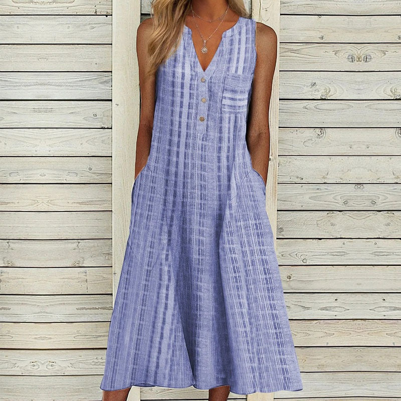 New Pocket V-Neck Sleeveless Stripe Dress