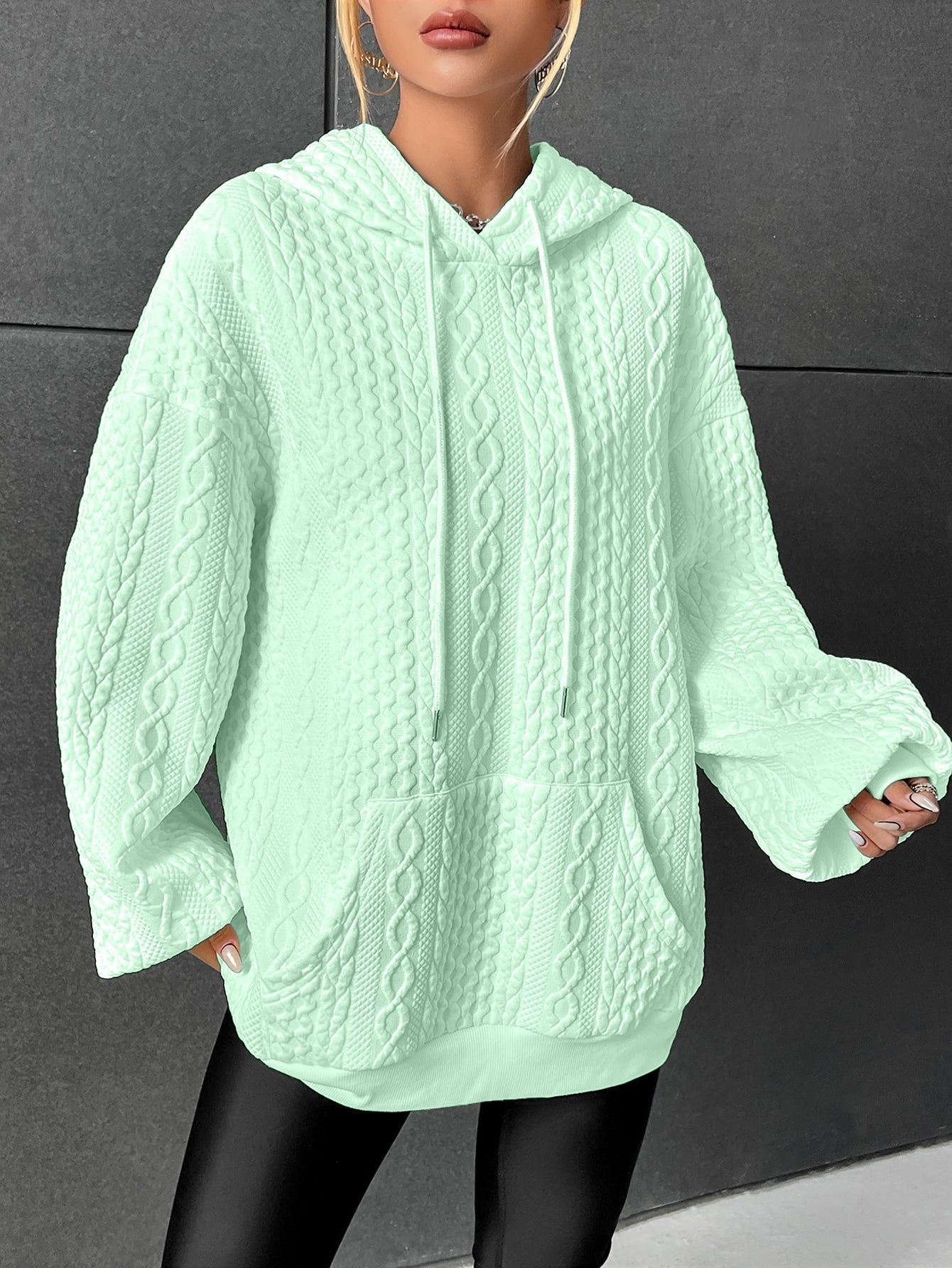 Drop Shoulder Kangaroo Pocket Textured Drawstring Hoodie