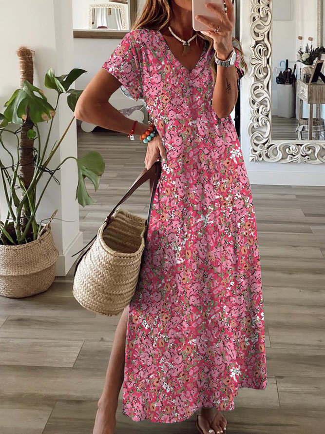 Casual Floral Kurzarm V-Ausschnitt Plus Size Bedrucktes Kleid
