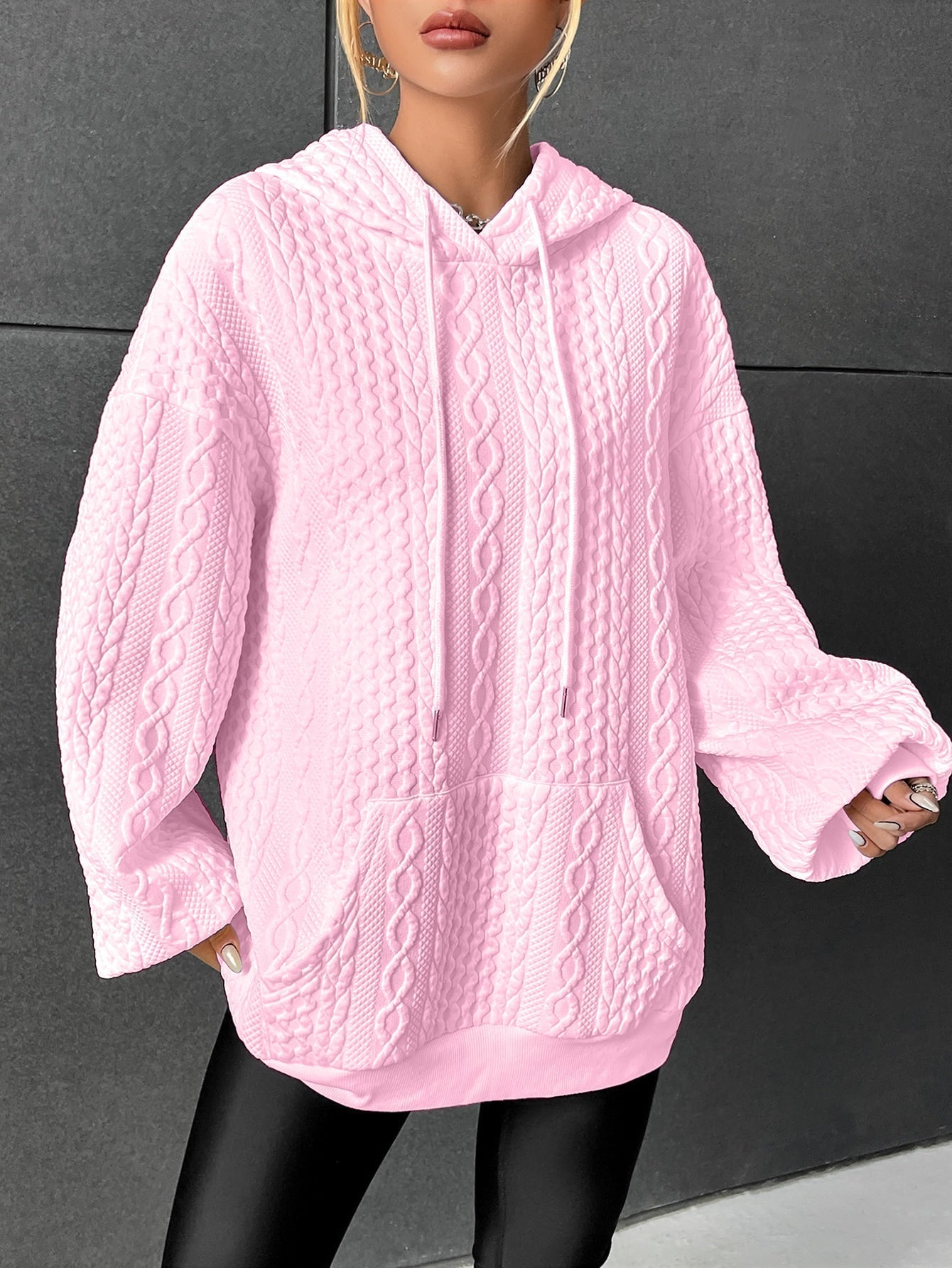 Drop Shoulder Kangaroo Pocket Textured Drawstring Hoodie