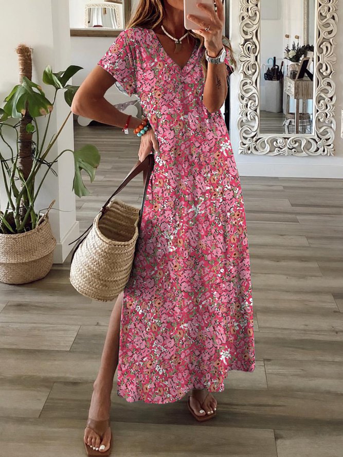 Casual Floral Kurzarm V-Ausschnitt Plus Size Bedrucktes Kleid