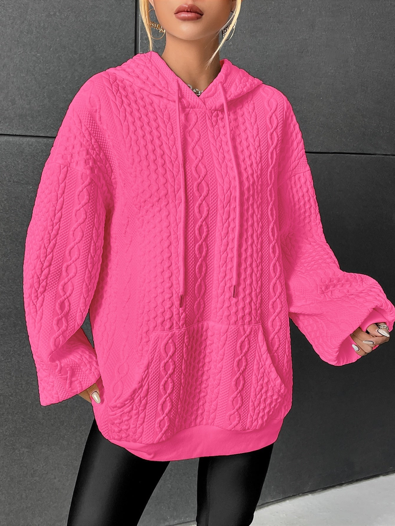 Drop Shoulder Kangaroo Pocket Textured Drawstring Hoodie