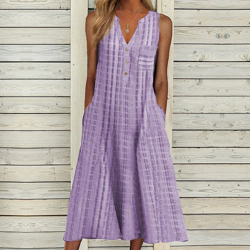 New Pocket V-Neck Sleeveless Stripe Dress