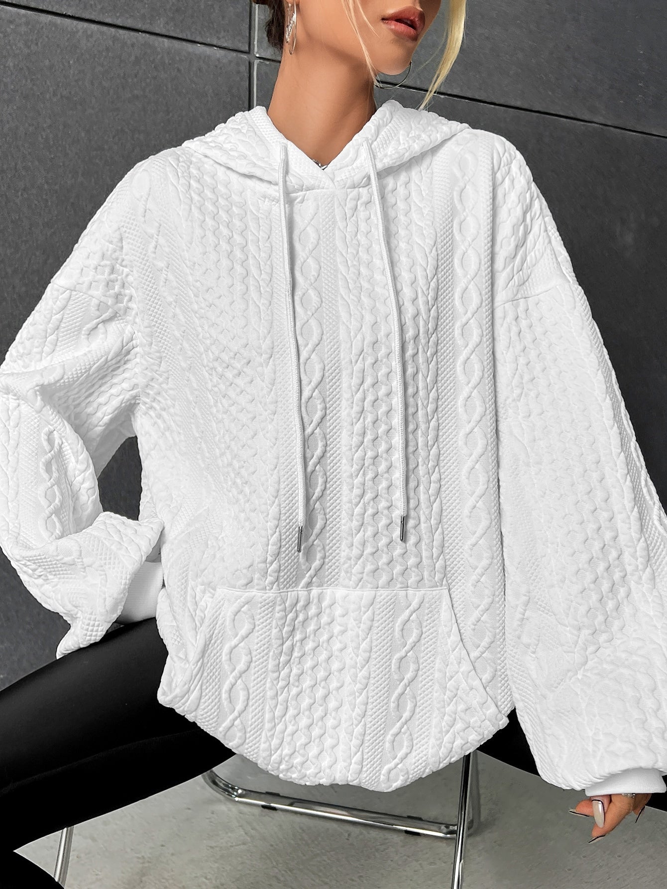 Drop Shoulder Kangaroo Pocket Textured Drawstring Hoodie