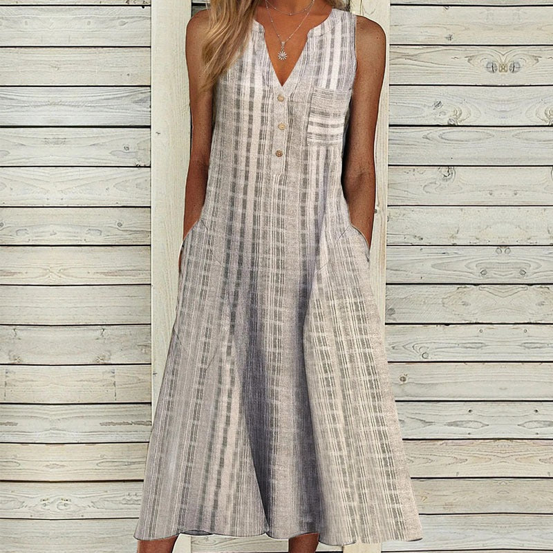 New Pocket V-Neck Sleeveless Stripe Dress