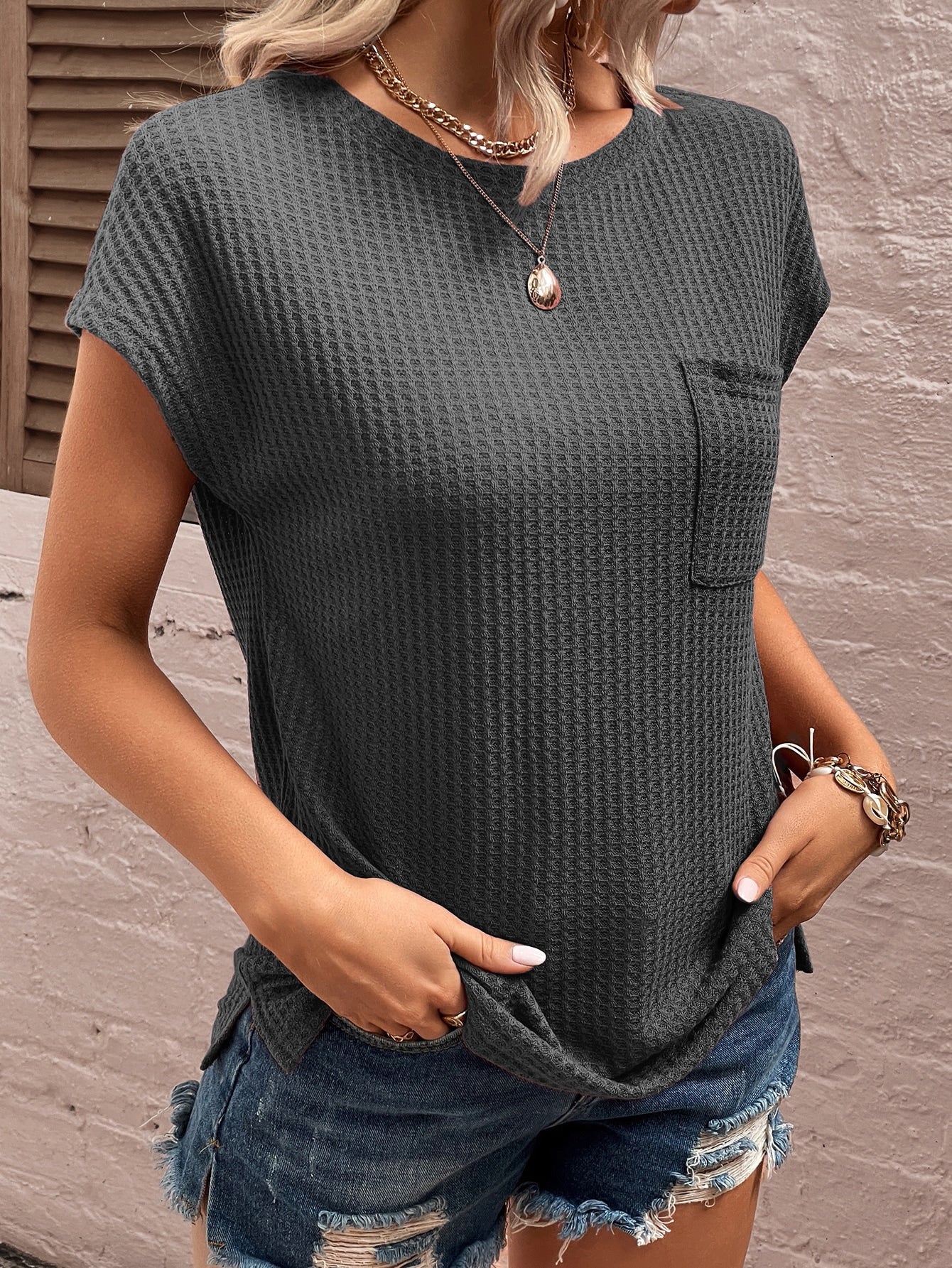 Waffle Knit Pocket Patched Batwing Sleeve Tee