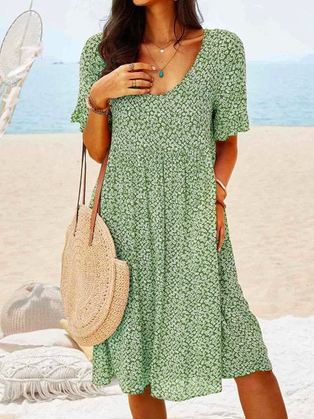 Women Floral Printed Short Sleeve Vintage Boho Weaving Tunic Dress