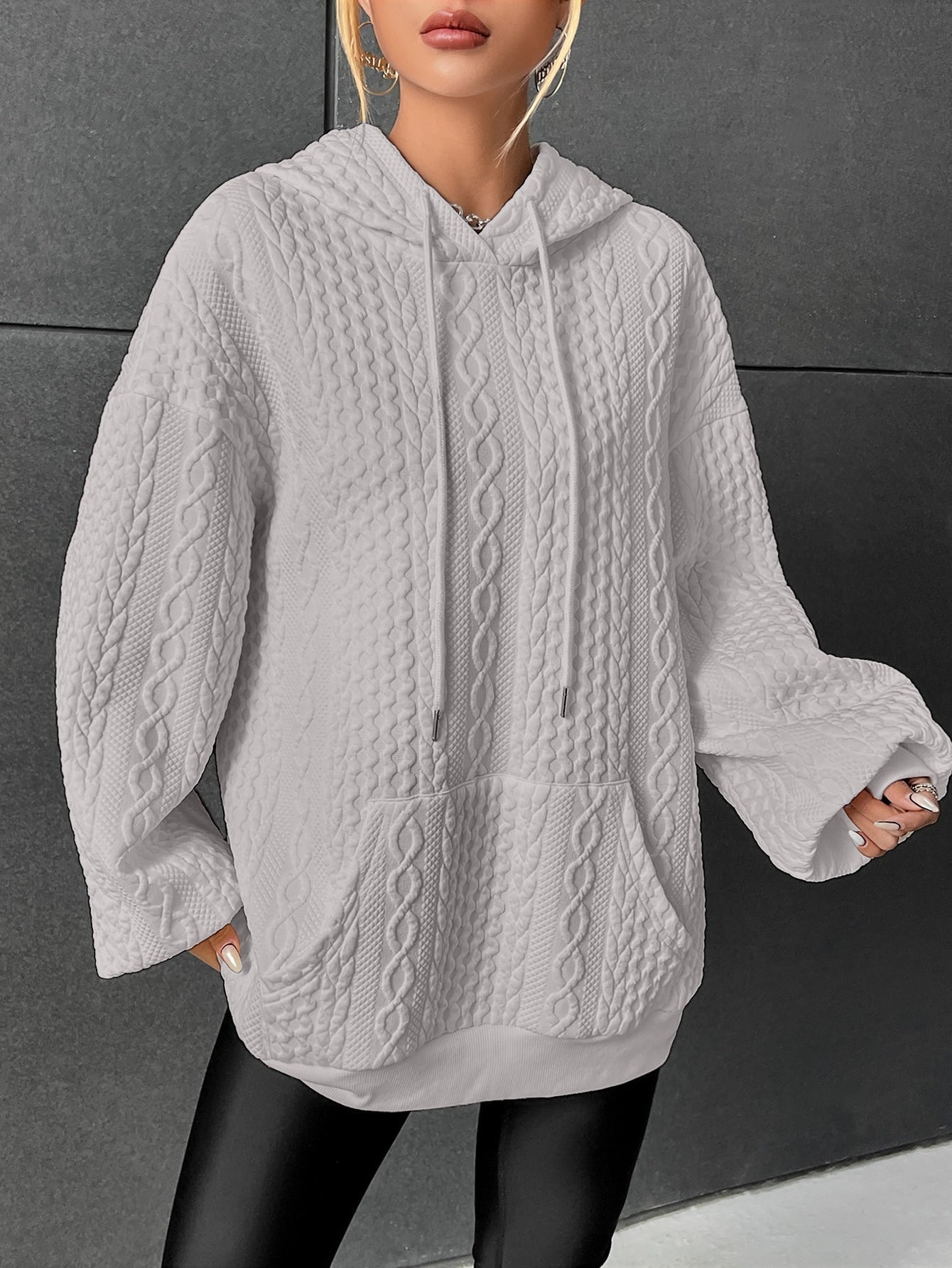 Drop Shoulder Kangaroo Pocket Textured Drawstring Hoodie