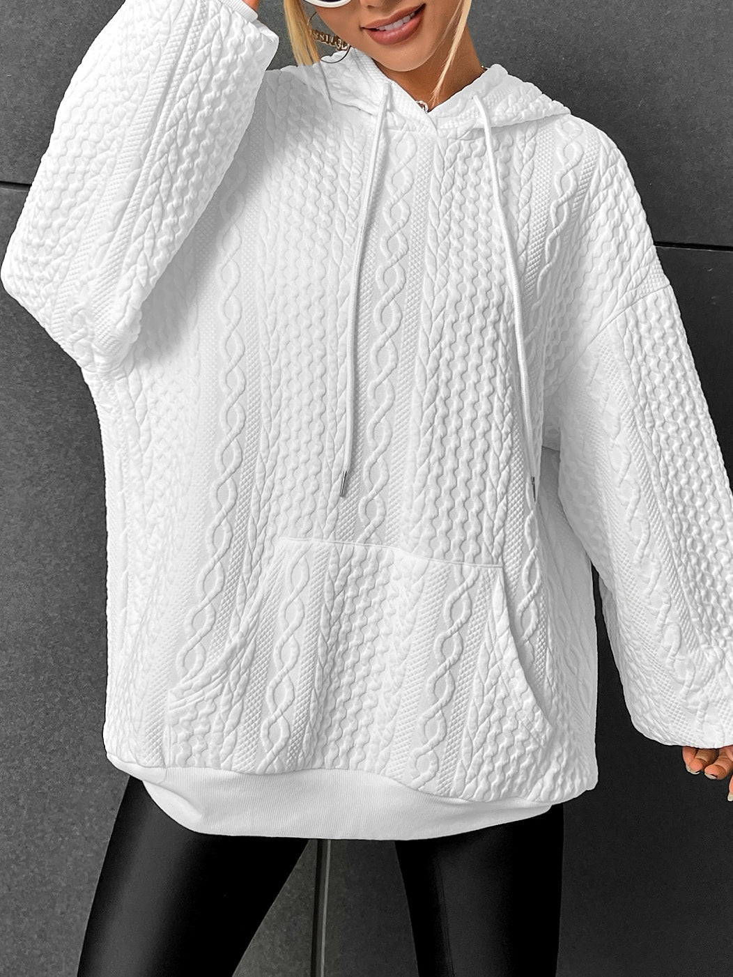 Drop Shoulder Kangaroo Pocket Textured Drawstring Hoodie