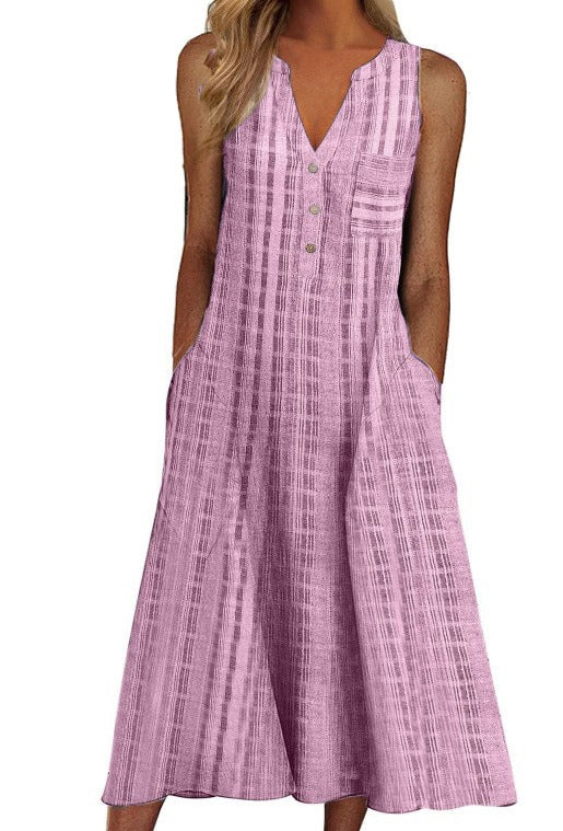New Pocket V-Neck Sleeveless Stripe Dress