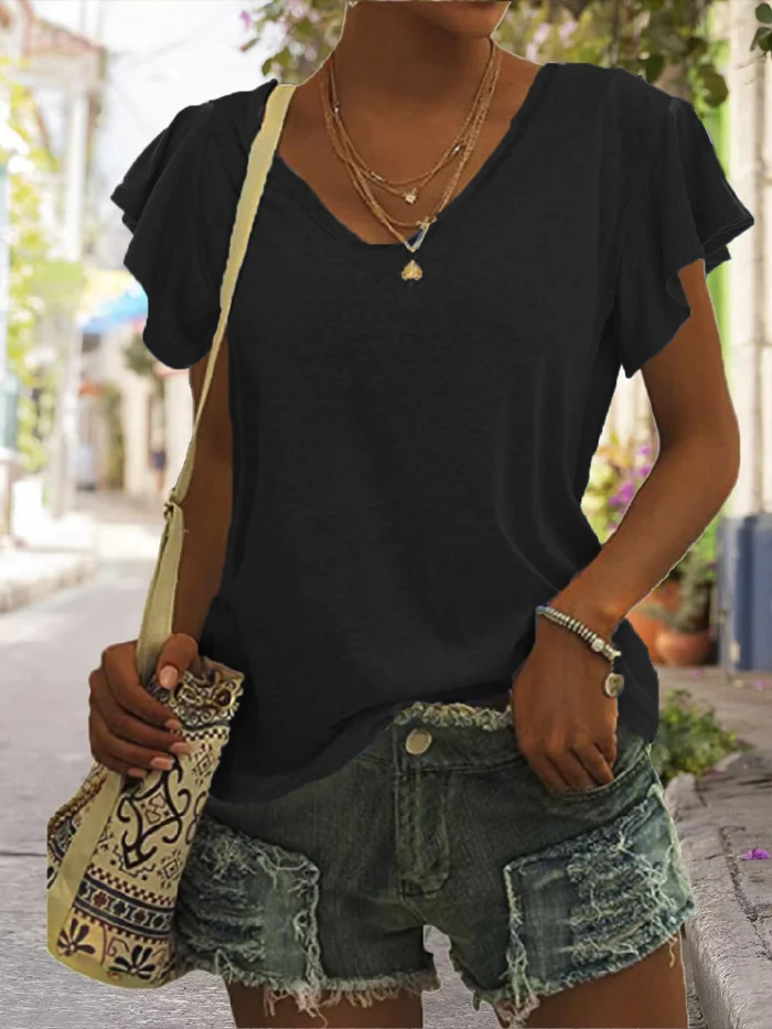 Women's Solid V-Neck Ruffle Sleeve T-Shirt