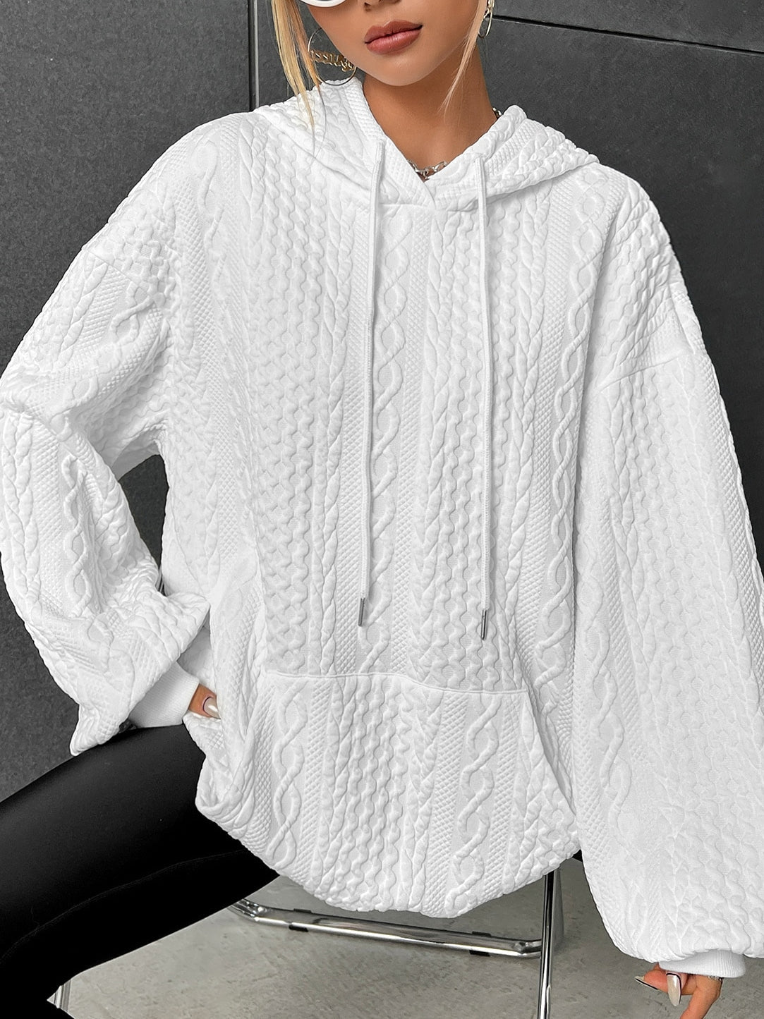 Drop Shoulder Kangaroo Pocket Textured Drawstring Hoodie