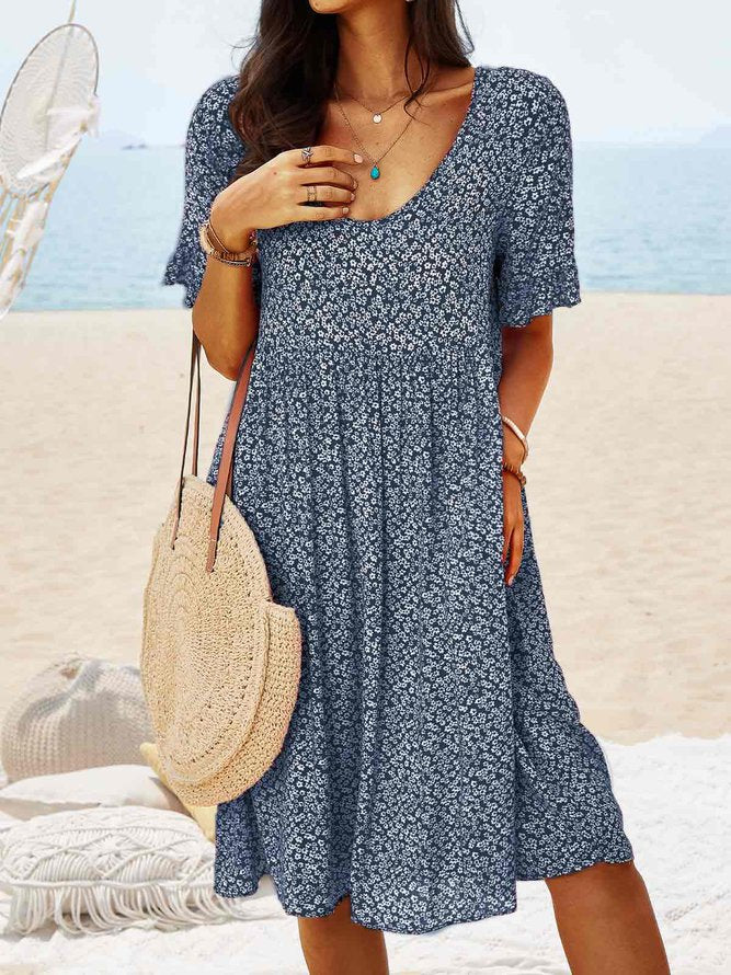 Women Floral Printed Short Sleeve Vintage Boho Weaving Tunic Dress