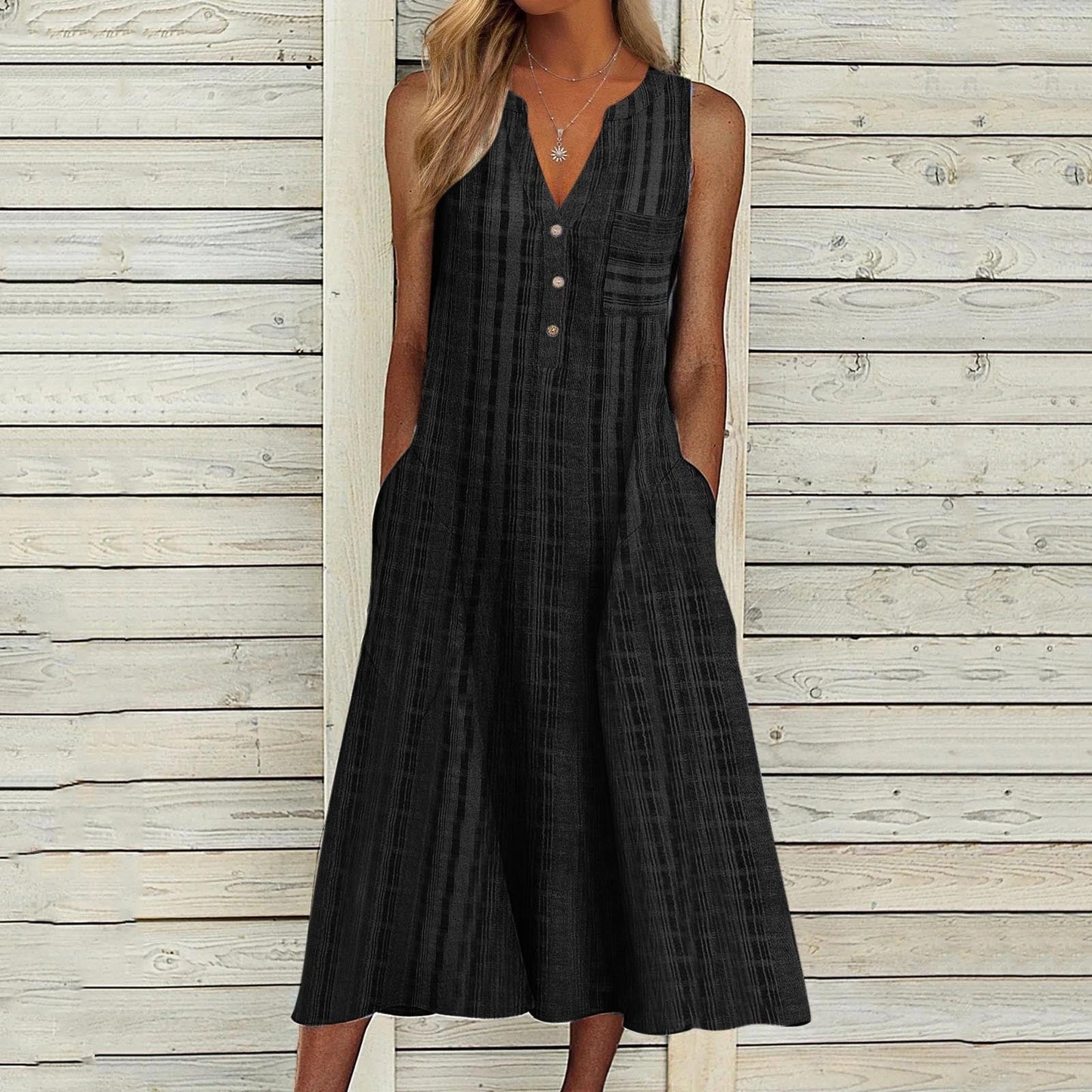 New Pocket V-Neck Sleeveless Stripe Dress