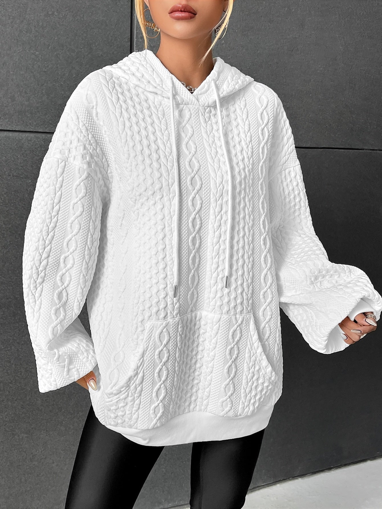 Drop Shoulder Kangaroo Pocket Textured Drawstring Hoodie