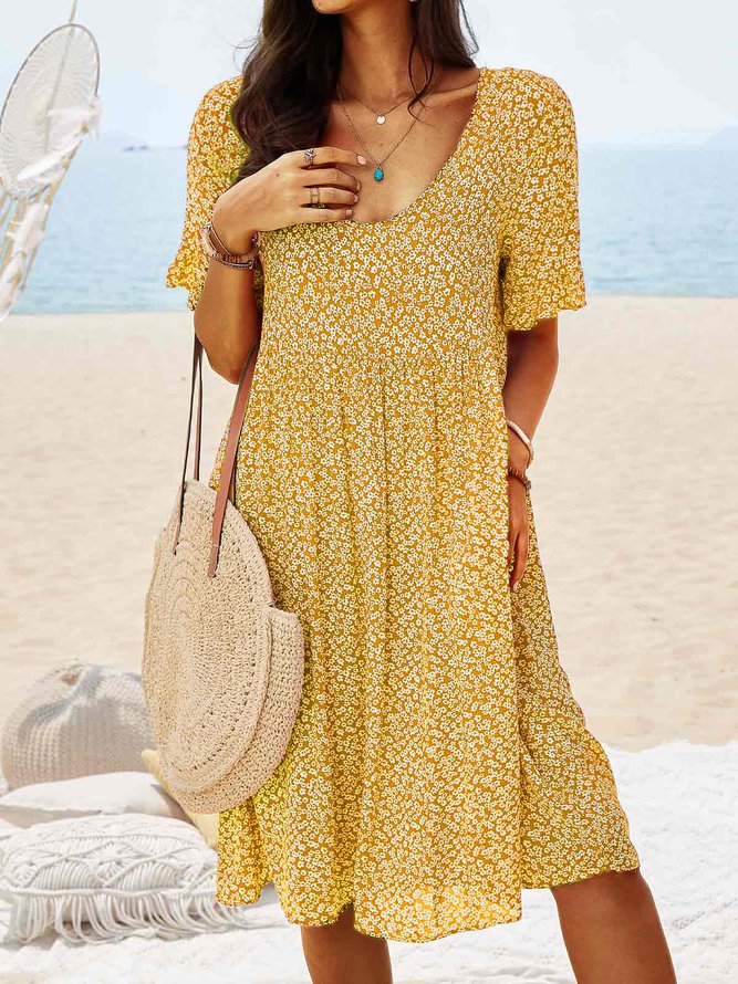 Women Floral Printed Short Sleeve Vintage Boho Weaving Tunic Dress